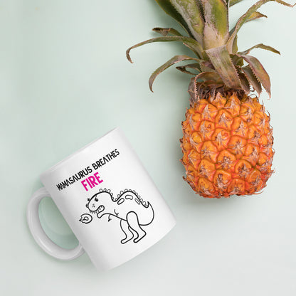 Mom Mug: Mamasaurus Breathes Fire Coffee Mug - White